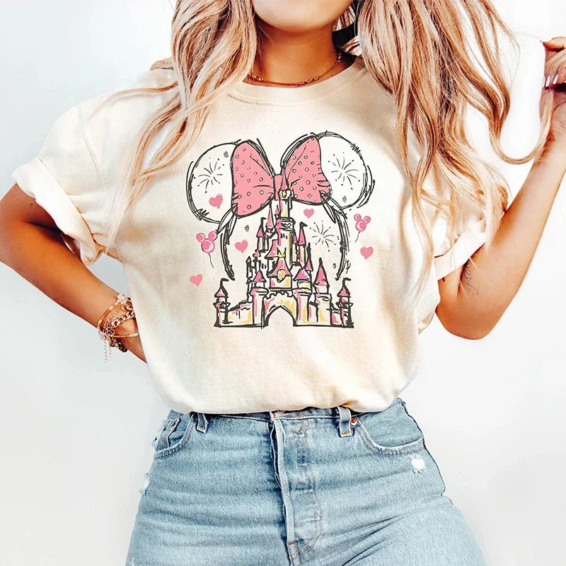Minnie Mouse Castle Shirt Magic Kingdom Family Printed Women's Short Sleeve T-Shirt American Vintage Fashion Streetwear Cotton