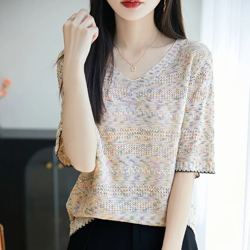 Women's Knit V-neck T-shirt Summer New Cotton Color blocked O-neck Sweater Short Sleeve Korean Loose Top Fashion Luxury Pullover