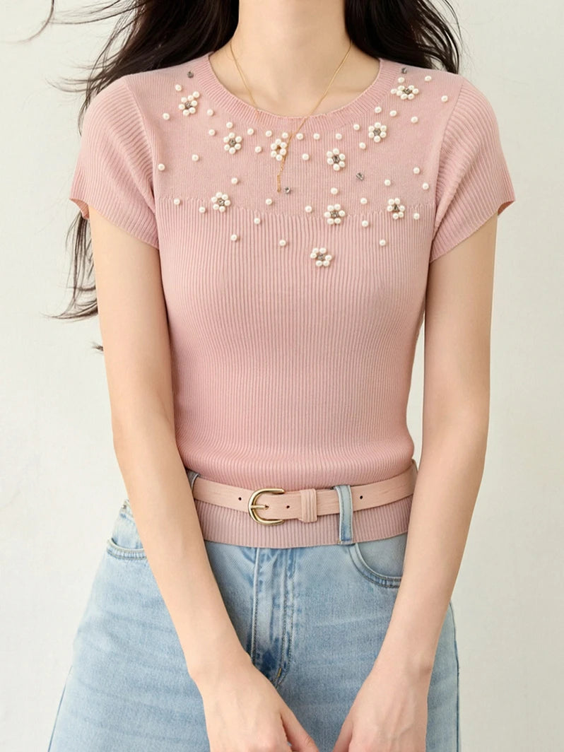 New Summer Pearl Flower Beaded Crew Neck Minimalist T-Shirt Women's Fashion Slim Fit Casual Short Sleeve Top