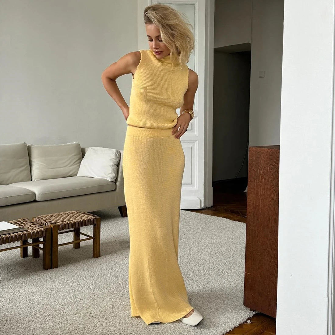 Tuularose Elegant Long Skirt Two-piece Set Women's Sleeveless Knitted Turtleneck Vest Slim Skirt Set 2025 New Fashion Skirt Set