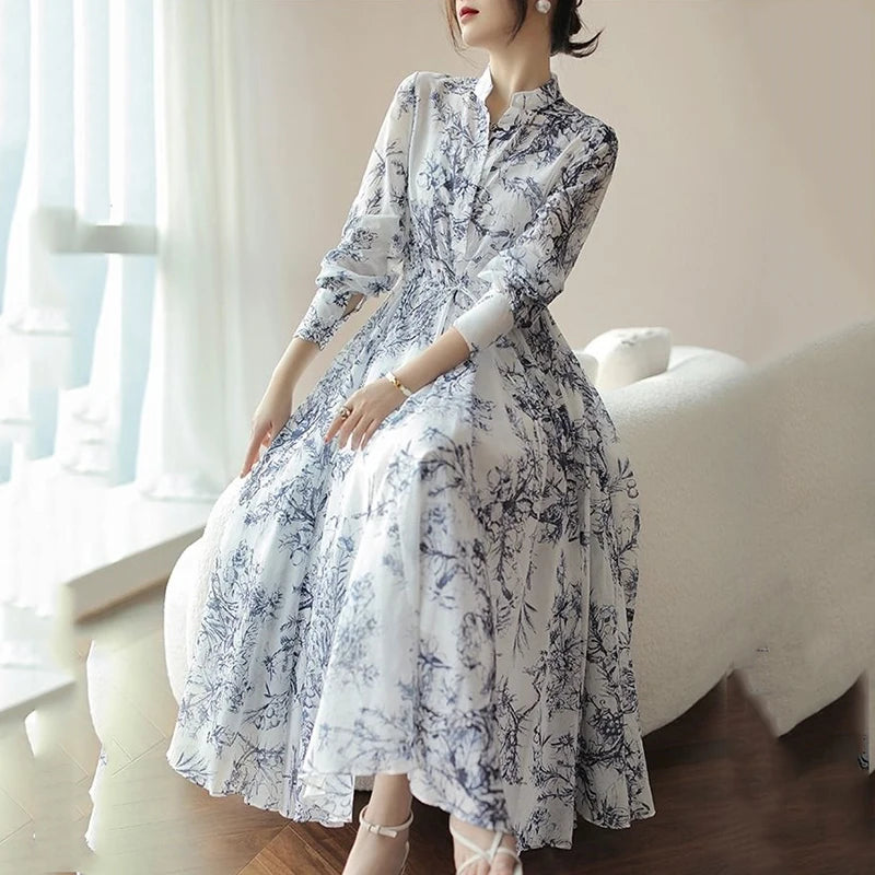 2026 Spring Chinese Style Ink Painting Printing Midi Dress Women Long Sleeve French Elegant Dresses Korean Fashion Y2k Clothing